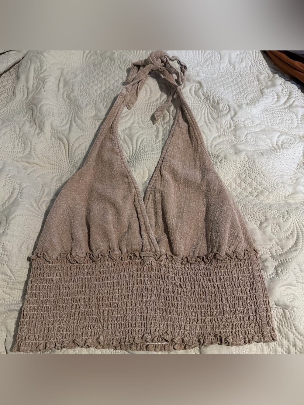 Ocean Drive Taupe Halter Smocked Crop Top